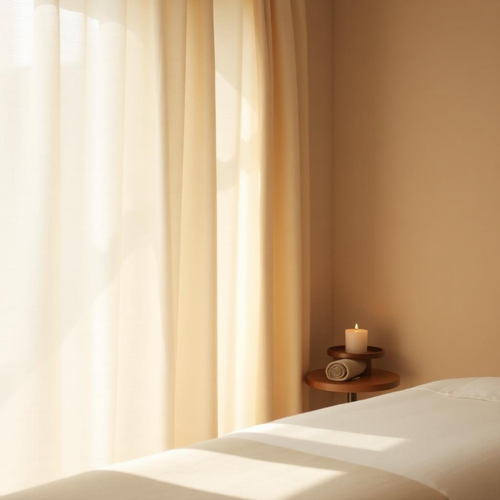 Soft linen curtain filtering sunlight beside a candle and rolled towel