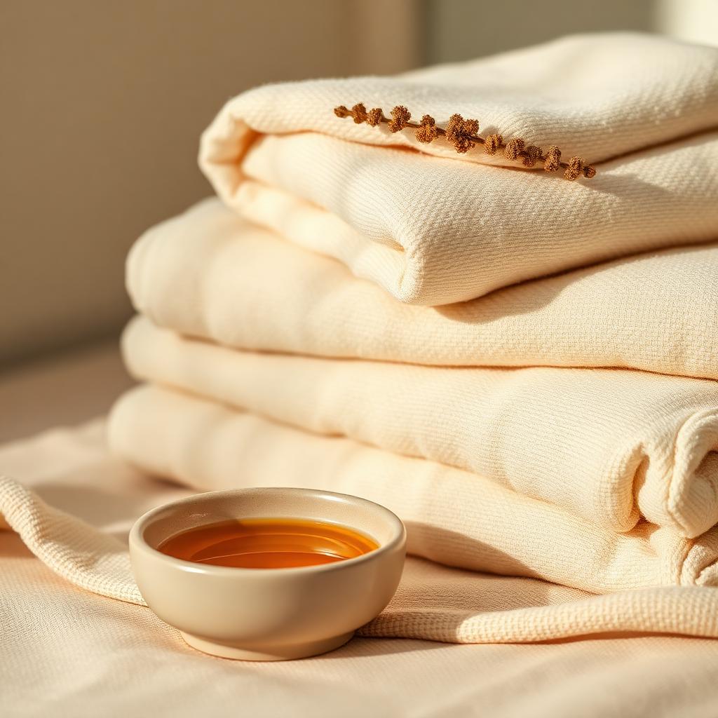 Folded cream towels with a small ceramic bowl of amber oil