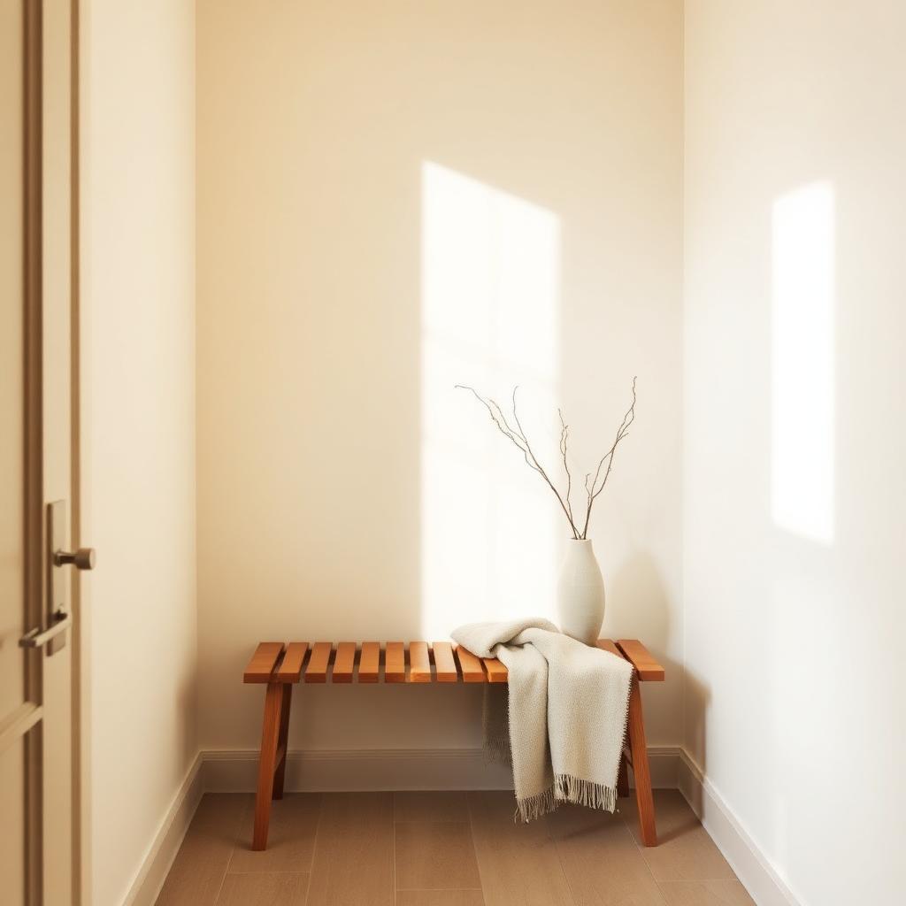 Calm entry area with a wooden bench, linen throw and a single ceramic vase